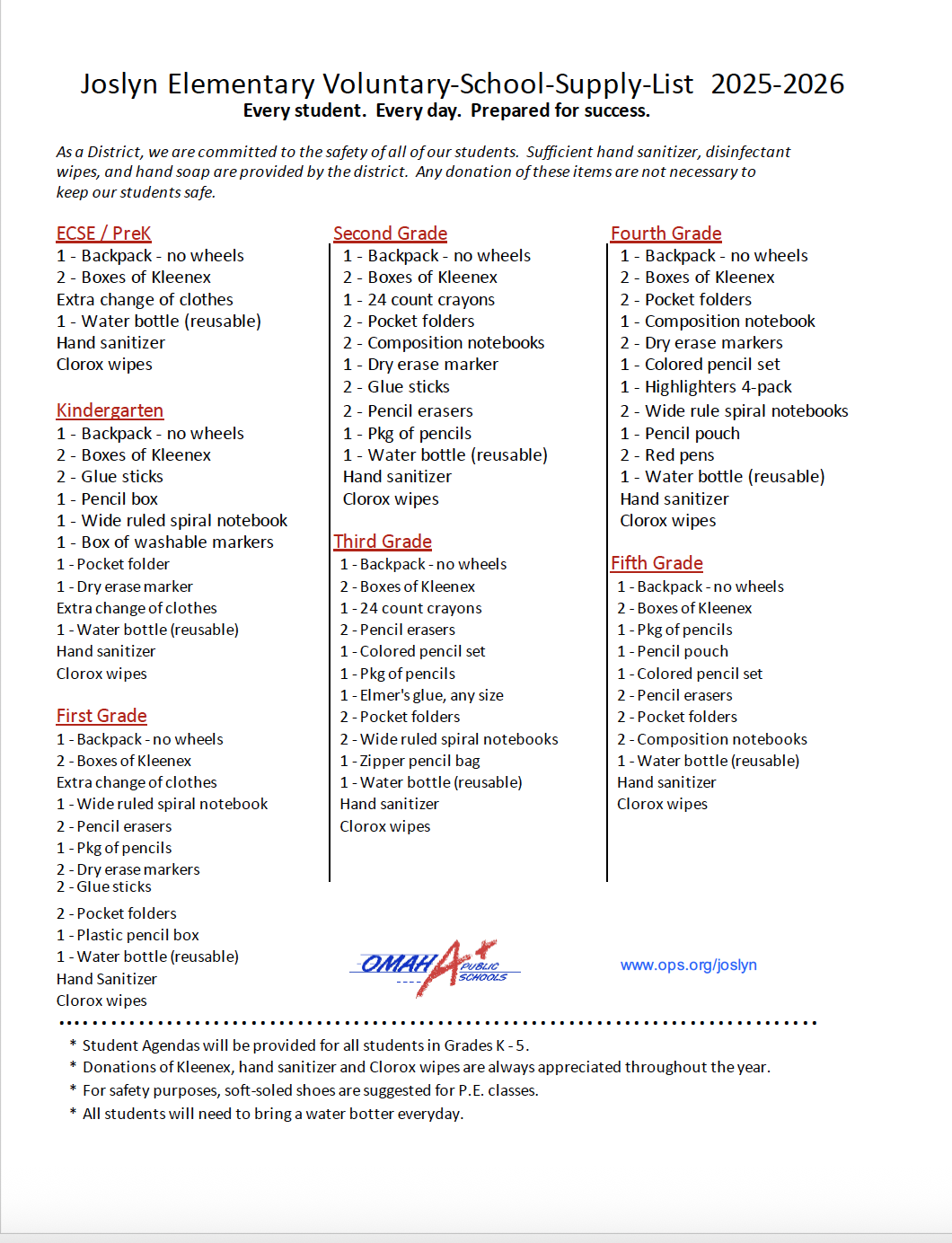  School Supply List